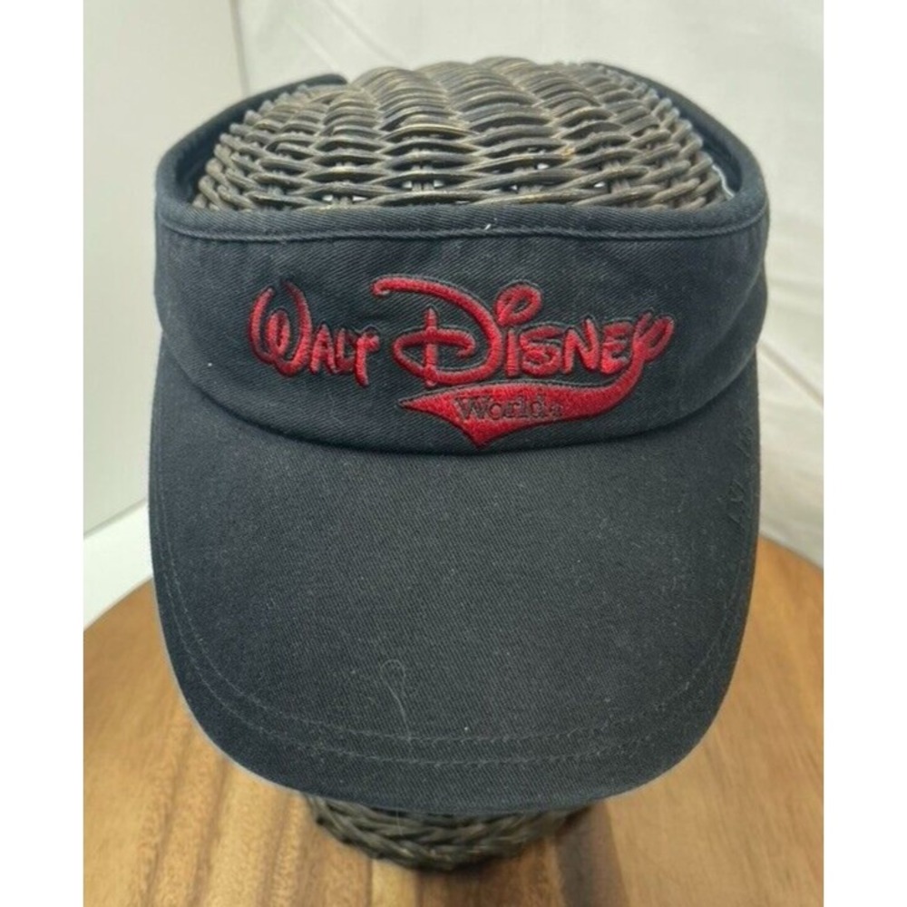 Vintage Walt Disney World Visor Hat Womens Black Red Script Adjustable
